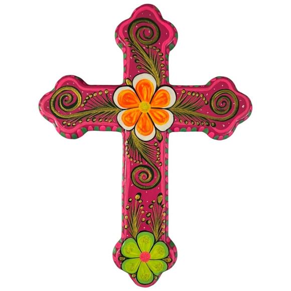 Vivid Mexican Folk Art Pink Cross Gold Feathers Wall Hanging 11x8.5 Inch - Picture 1 of 4